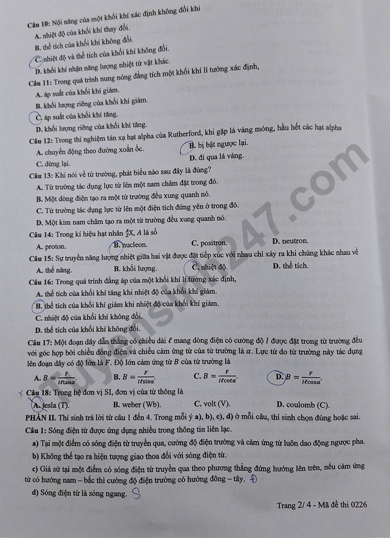 Dap an de thi tot nghiep THPT 2025 ma de 0226 mon Ly