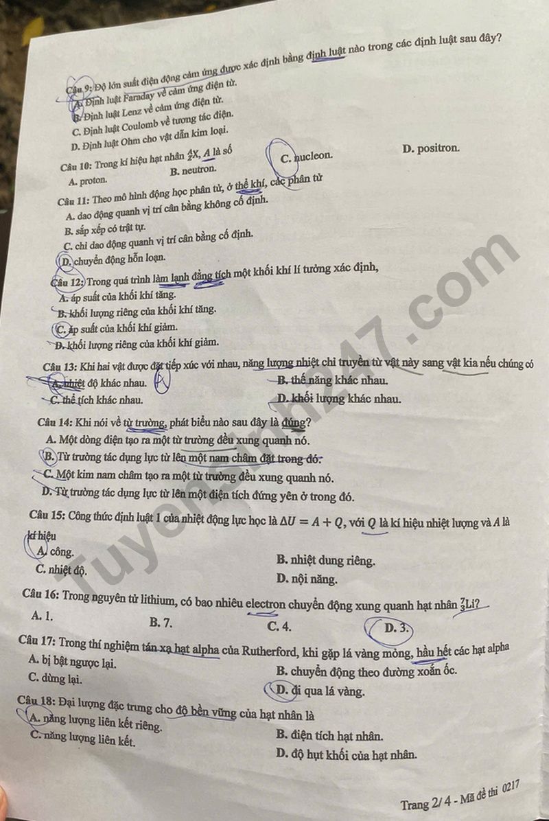 Dap an de thi tot nghiep THPT 2025 mon Ly - Ma de 0217