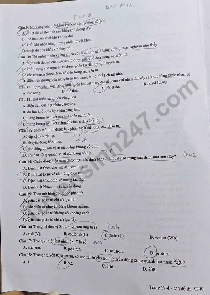 Dap an de thi mon Ly tot nghiep THPT 2025 ma de 0240