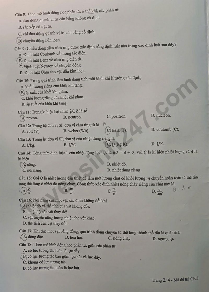 Dap an de thi tot nghiep THPT mon Ly 2025 - Ma de 0203