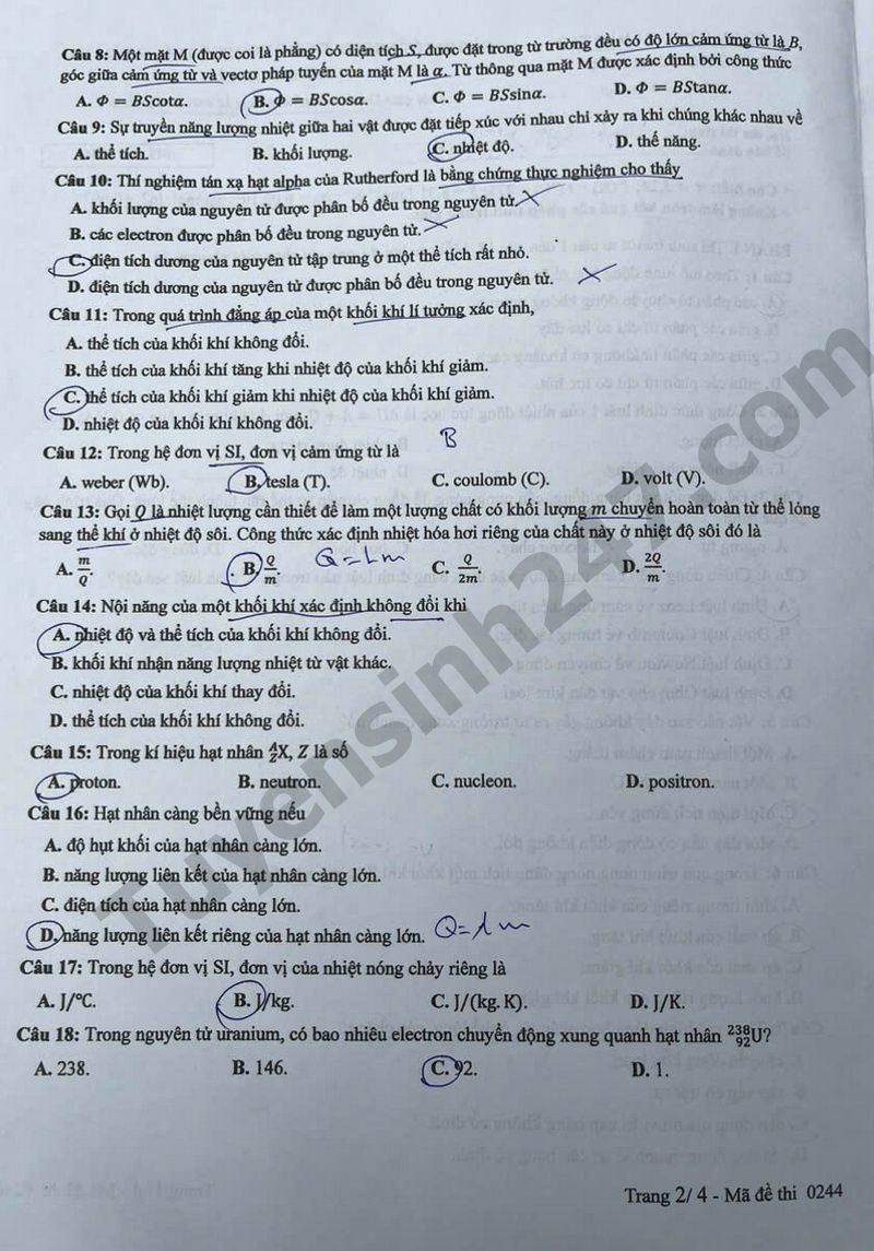 Dap an de thi mon Ly tot nghiep THPT 2025 ma de 0244