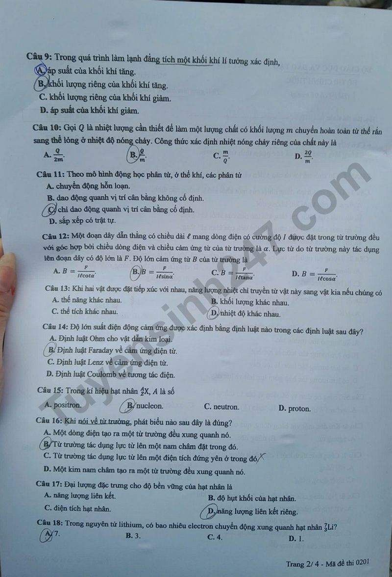 Dap an de thi tot nghiep THPT 2025 mon Ly - ma de 0201