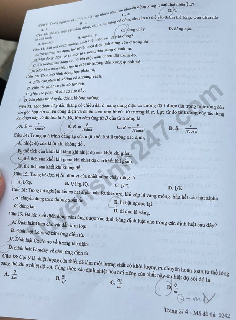 Dap an de thi mon Ly - ma de 0242 tot nghiep THPT nam 2025