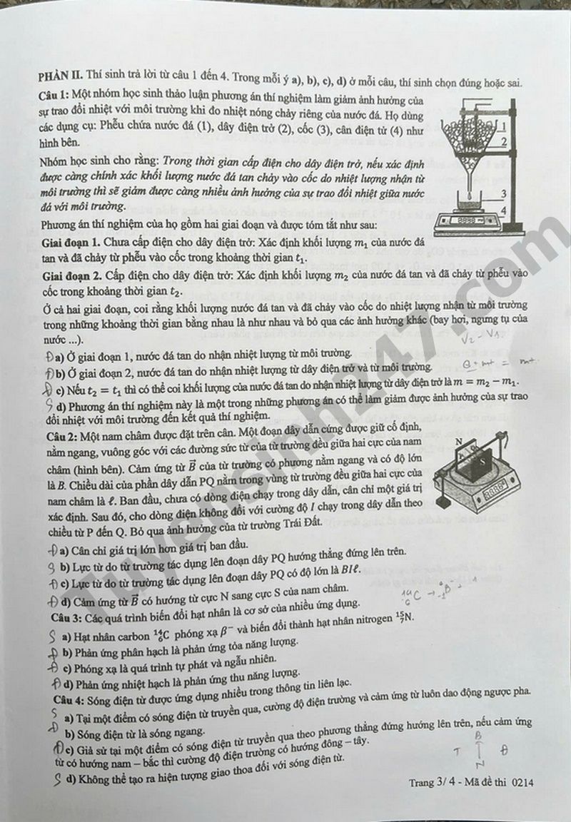 Dap an de thi mon Ly tot nghiep THPT nam 2025 ma de 0214