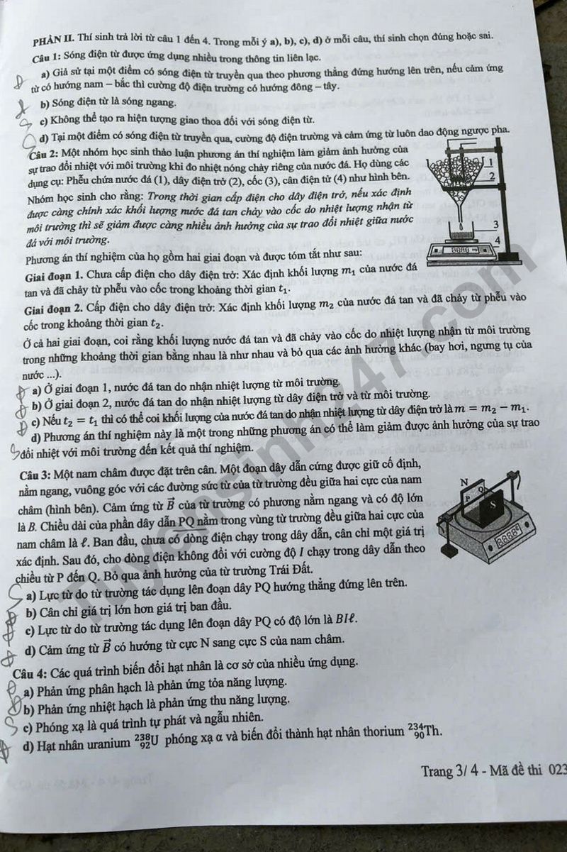 Dap an de thi mon Ly ma de 0234 tot nghiep THPT 2025