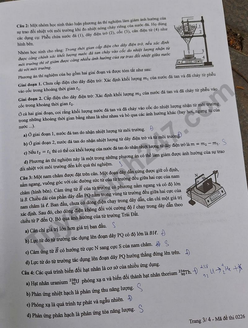 Dap an de thi tot nghiep THPT 2025 ma de 0226 mon Ly