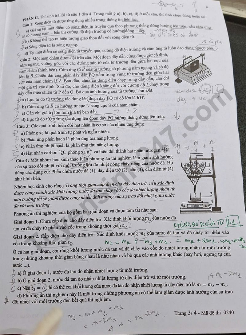 Dap an de thi mon Ly tot nghiep THPT 2025 ma de 0240