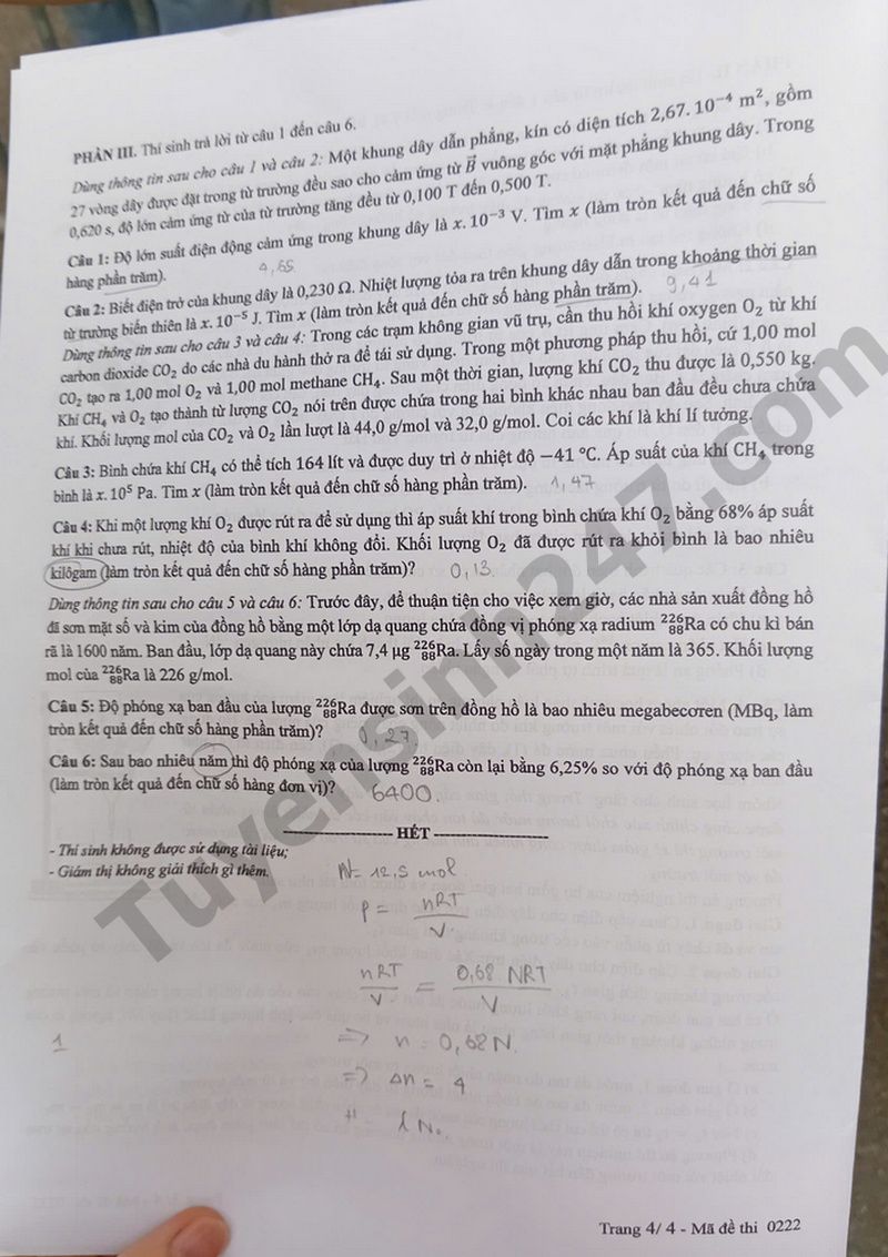 Dap an de thi tot nghiep THPT 2025 - ma de 0222 mon Ly