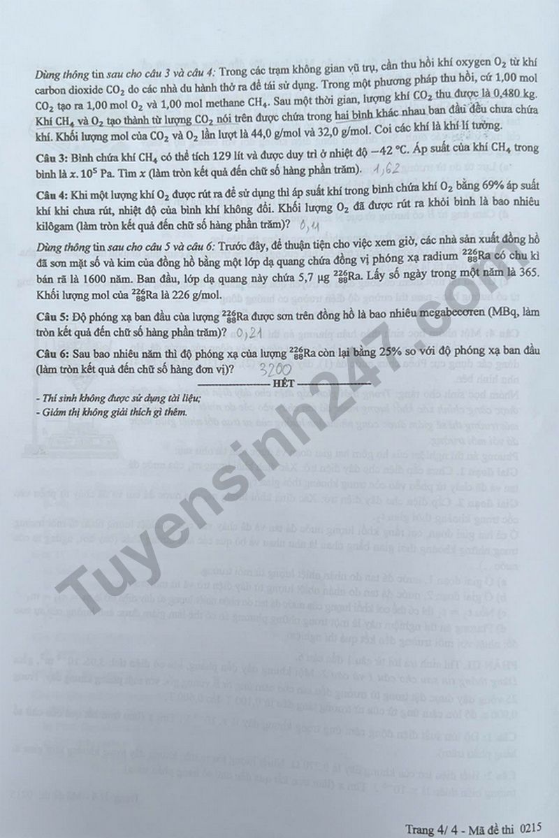 Dap an de thi tot nghiep THPT mon Ly - Ma de 0215 nam 2025