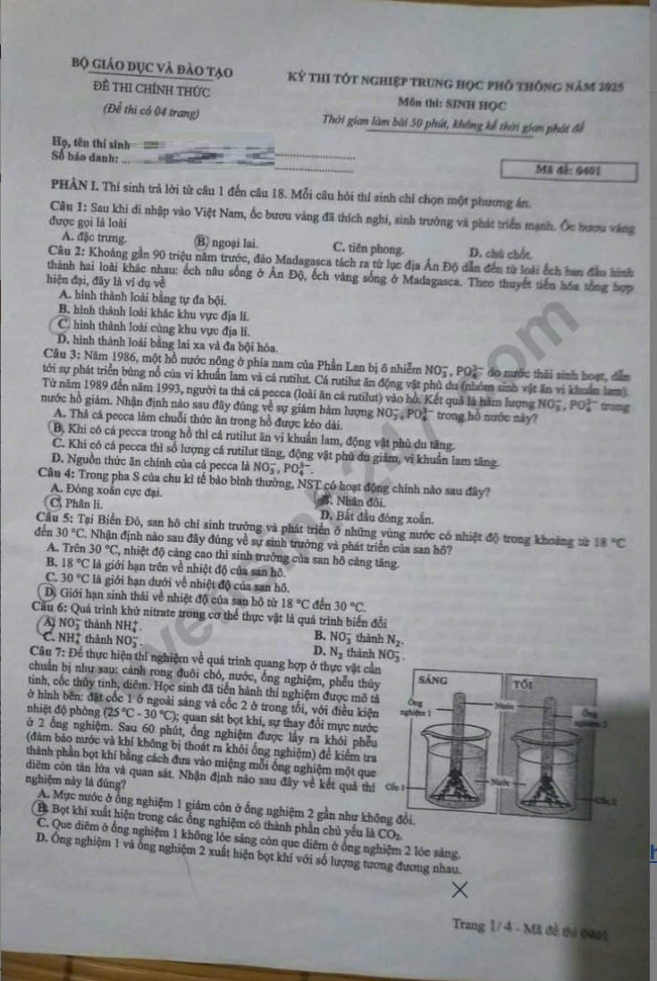 Dap an de thi tot nghiep THPT mon Sinh 2025 - Ma de 0401