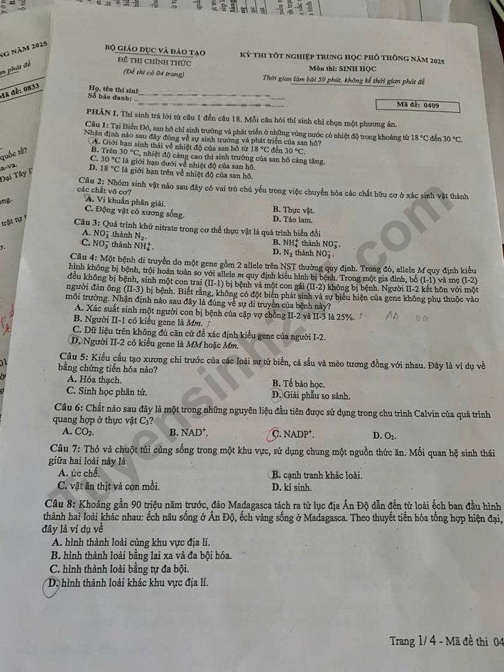 Dap an de thi tot nghiep THPT 2025 mon Sinh - ma de 0409