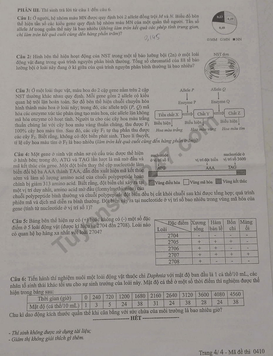 Dap an de thi tot nghiep THPT 2025 - ma de 0410 mon Sinh