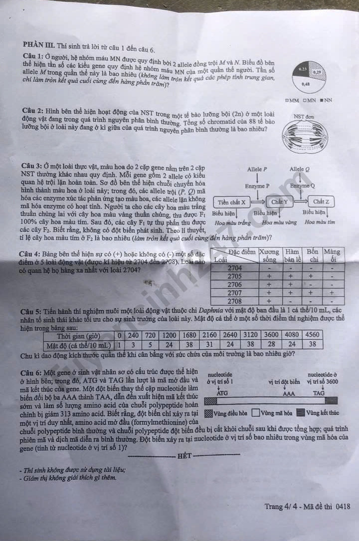 Dap an de thi mon Sinh ma de 0418 - tot nghiep THPT 2025