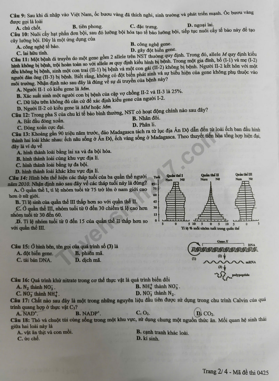 Dap an de thi tot nghiep THPT 2025 mon Sinh - ma de 0425