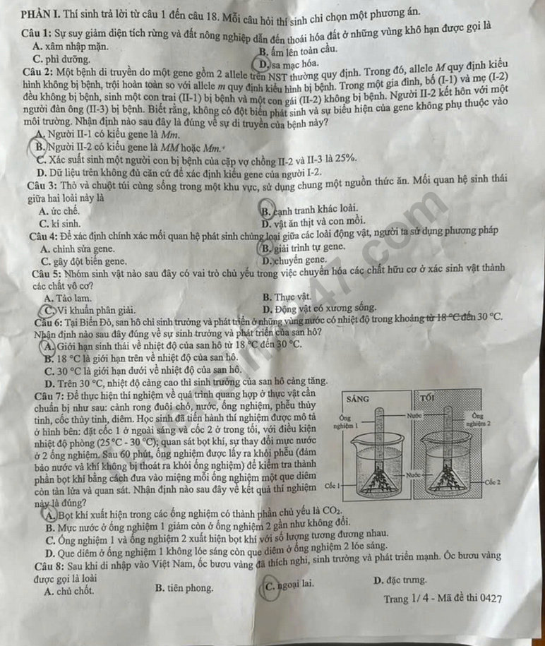 Dap an de thi mon Sinh ma de 0427 tot nghiep THPT 2025