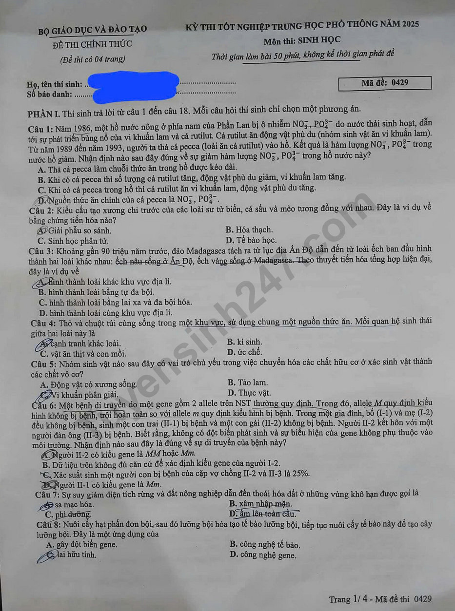 Dap an mon Sinh - ma de 0429 tot nghiep THPT 2025