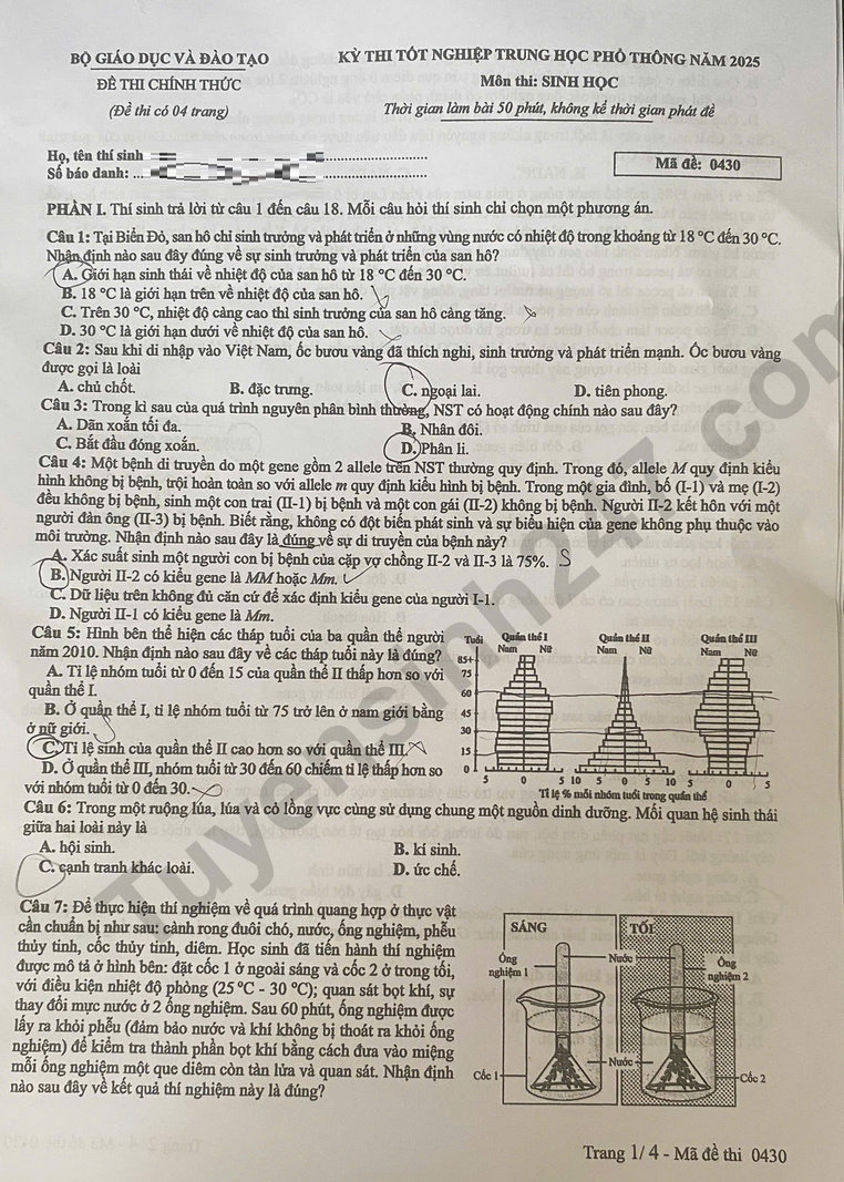 Dap an de thi mon Sinh tot nghiep THPT 2025 - ma de 0430