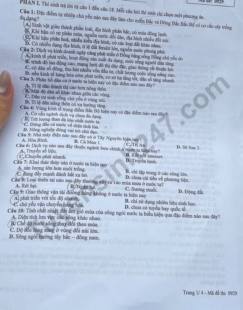 Dap an de thi mon Dia ma de 0929 - tot nghiep THPT 2025