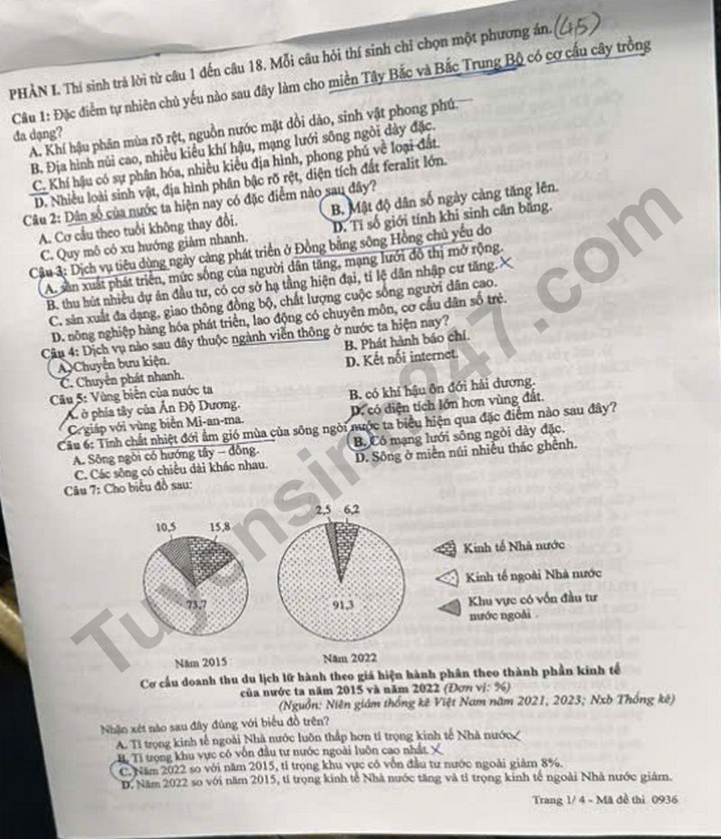 Dap an de thi tot nghiep THPT 2025 ma de 0936 mon Dia