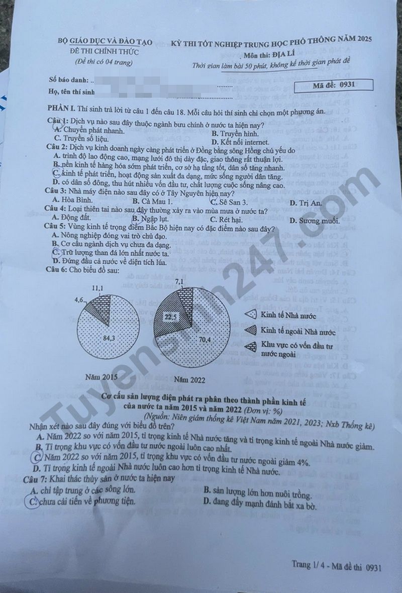 Dap an de thi tot nghiep THPT 2025 ma de 0931 mon Dia