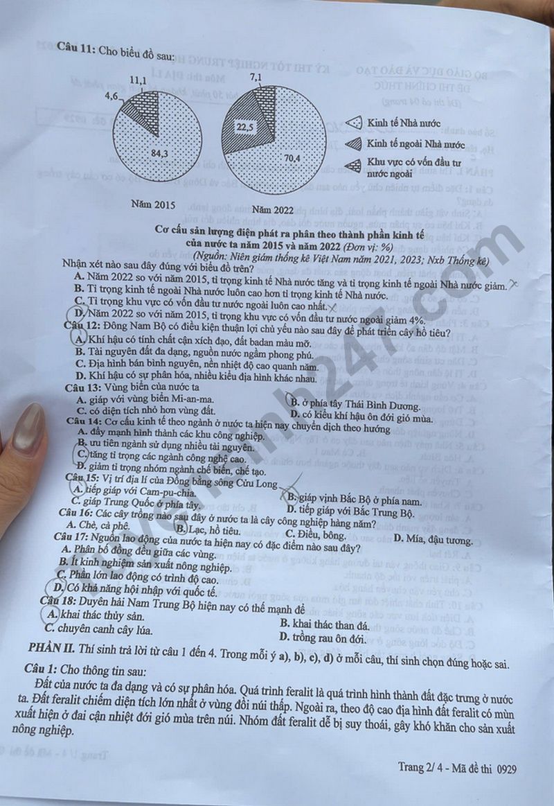 Dap an de thi mon Dia ma de 0929 - tot nghiep THPT 2025