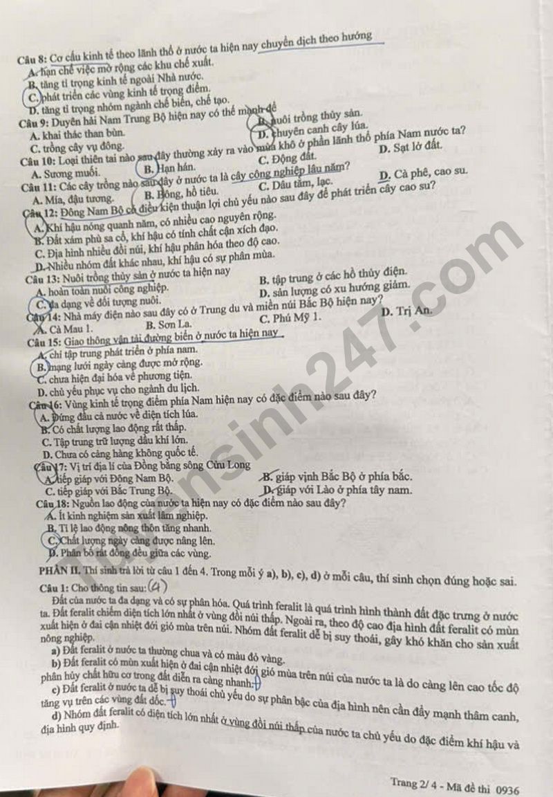 Dap an de thi tot nghiep THPT 2025 ma de 0936 mon Dia