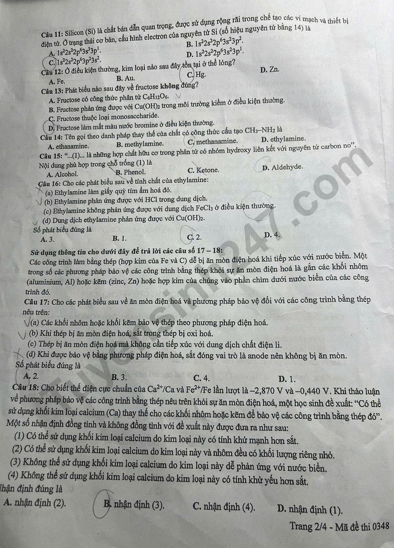 Dap an de thi mon Hoa tot nghiep THPT 2025 ma de 0348