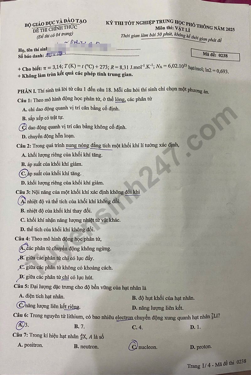 Dap an de thi mon Ly - Ma de 0238 tot nghiep THPT 2025