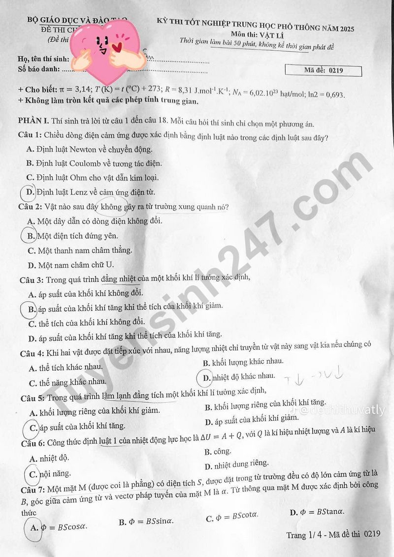 Dap an de thi mon Ly - Ma de 0219 tot nghiep THPT 2025