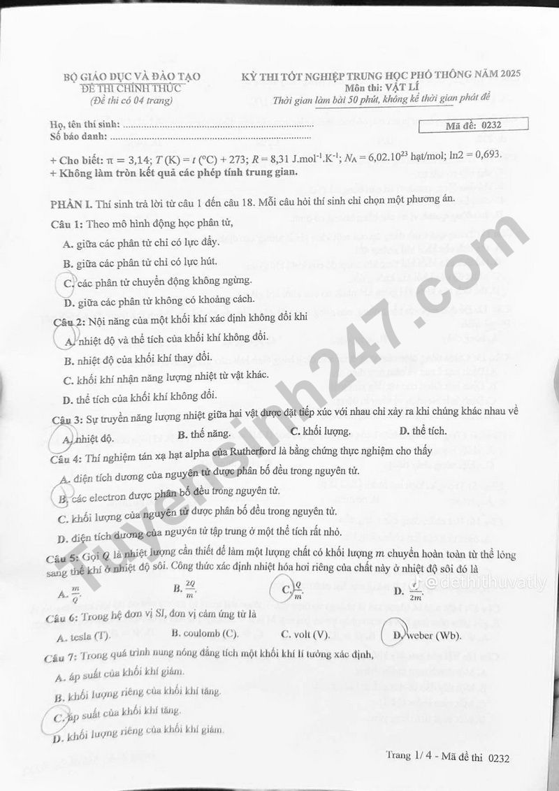 Dap an de thi tot nghiep THPT mon Ly nam 2025 - Ma de 0232