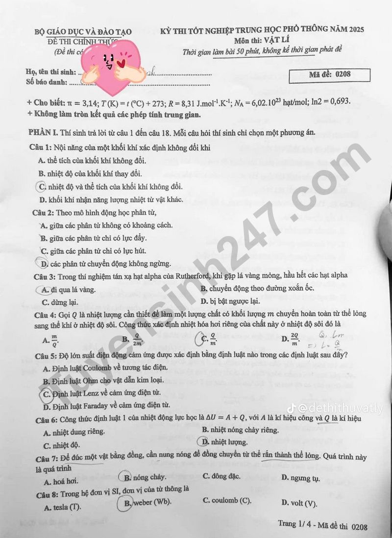 Dap an de thi tot nghiep THPT 2025 - ma de 0208 mon Ly
