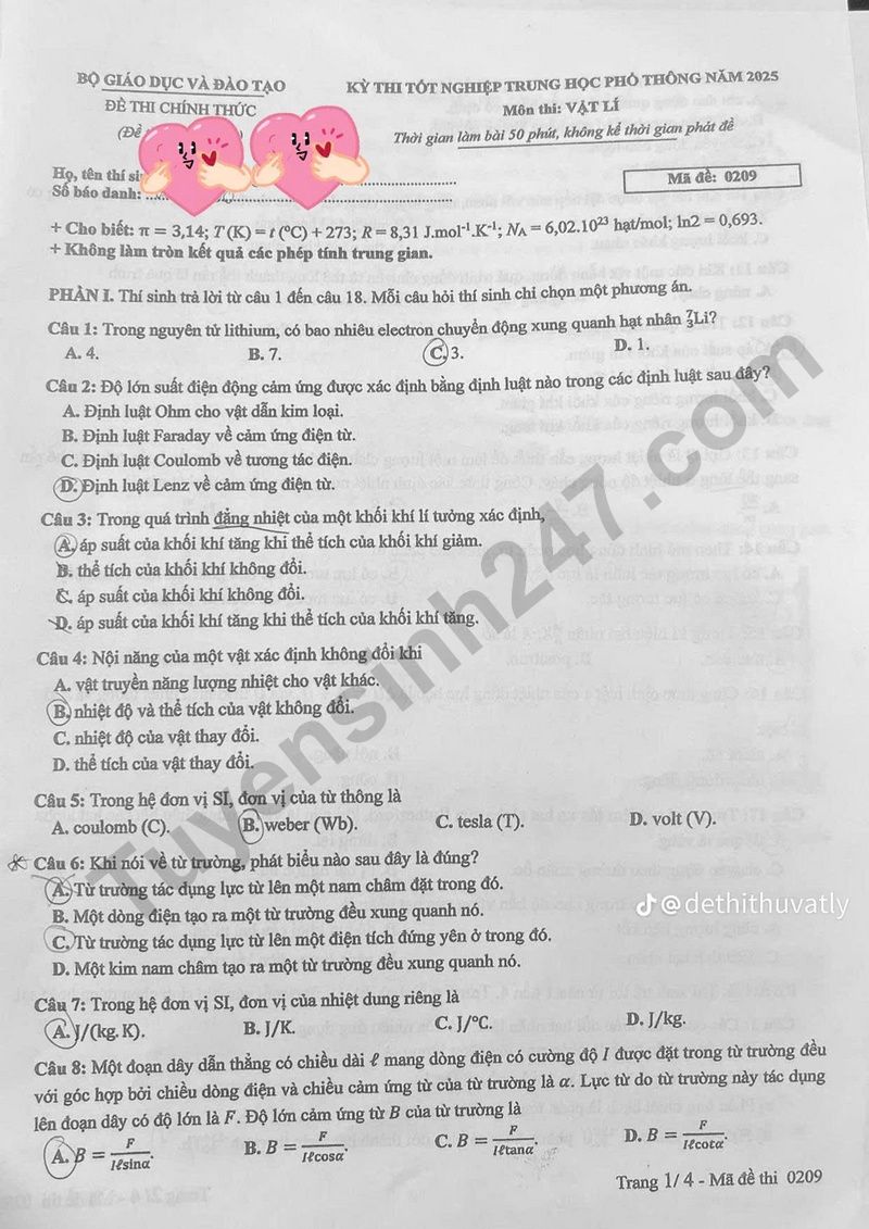 Dap an de thi tot nghiep THPT mon Ly 2025 - Ma de 0209
