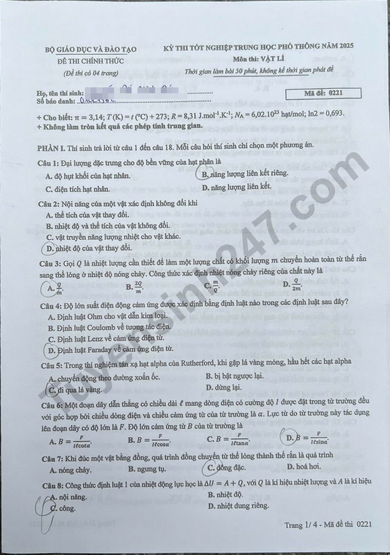 Dap an de thi mon Ly tot nghiep THPT 2025 ma de 0221