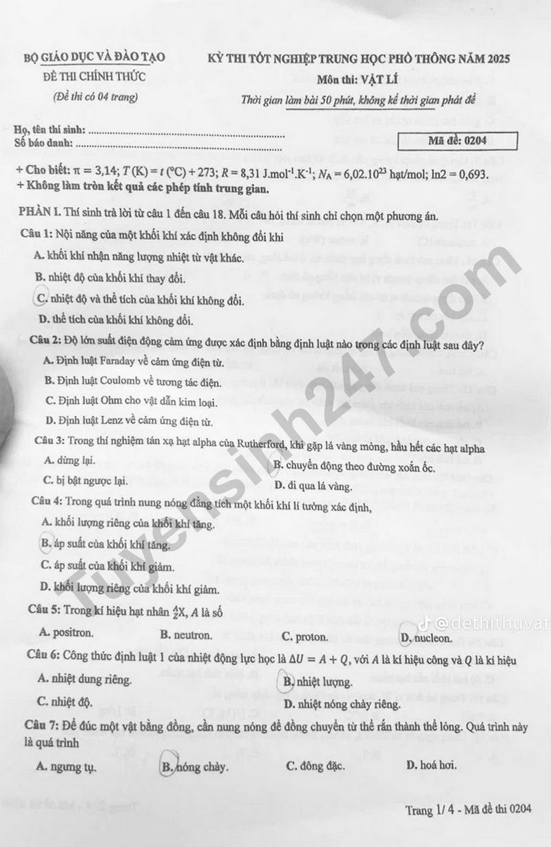 Dap an de thi mon Ly - Ma de 0204 tot nghiep THPT 2025