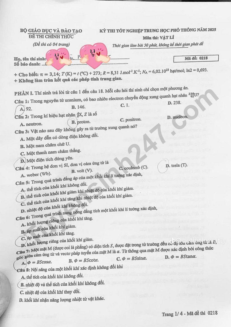 Dap an de thi tot nghiep THPT 2025 mon Ly ma de 0218