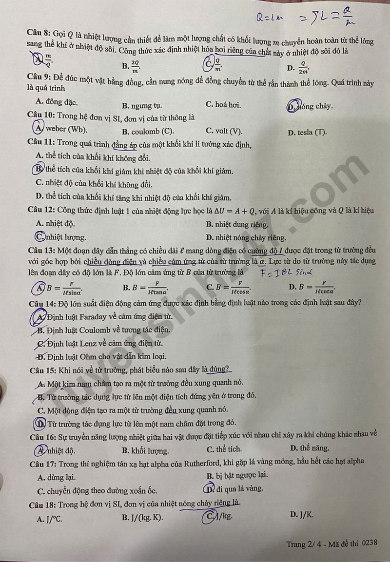 Dap an de thi mon Ly - Ma de 0238 tot nghiep THPT 2025