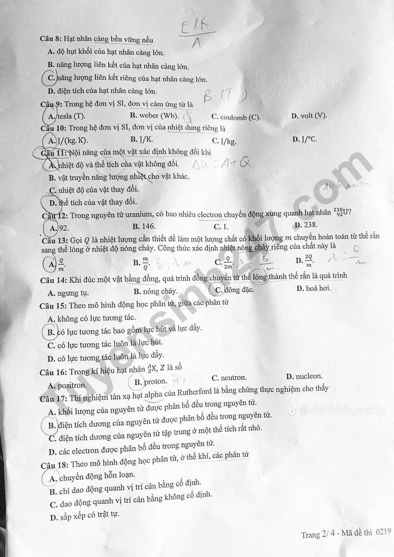 Dap an de thi mon Ly - Ma de 0219 tot nghiep THPT 2025