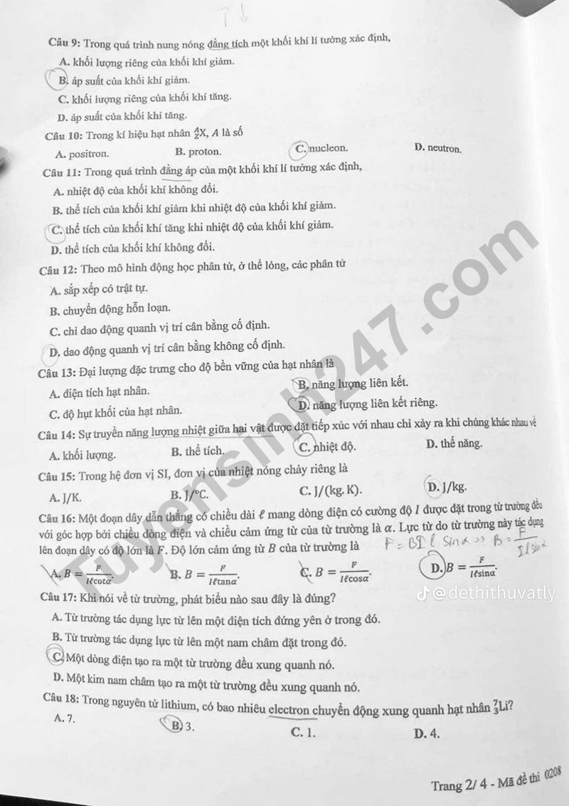 Dap an de thi tot nghiep THPT 2025 - ma de 0208 mon Ly
