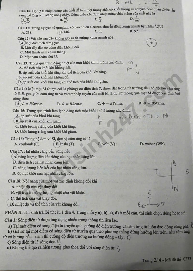 Dap an de thi mon Ly tot nghiep THPT 2025 ma de 0233