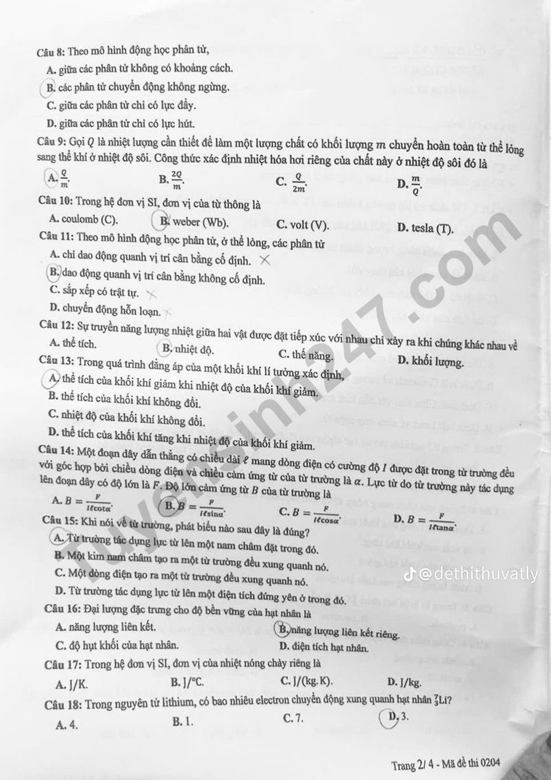 Dap an de thi mon Ly - Ma de 0204 tot nghiep THPT 2025