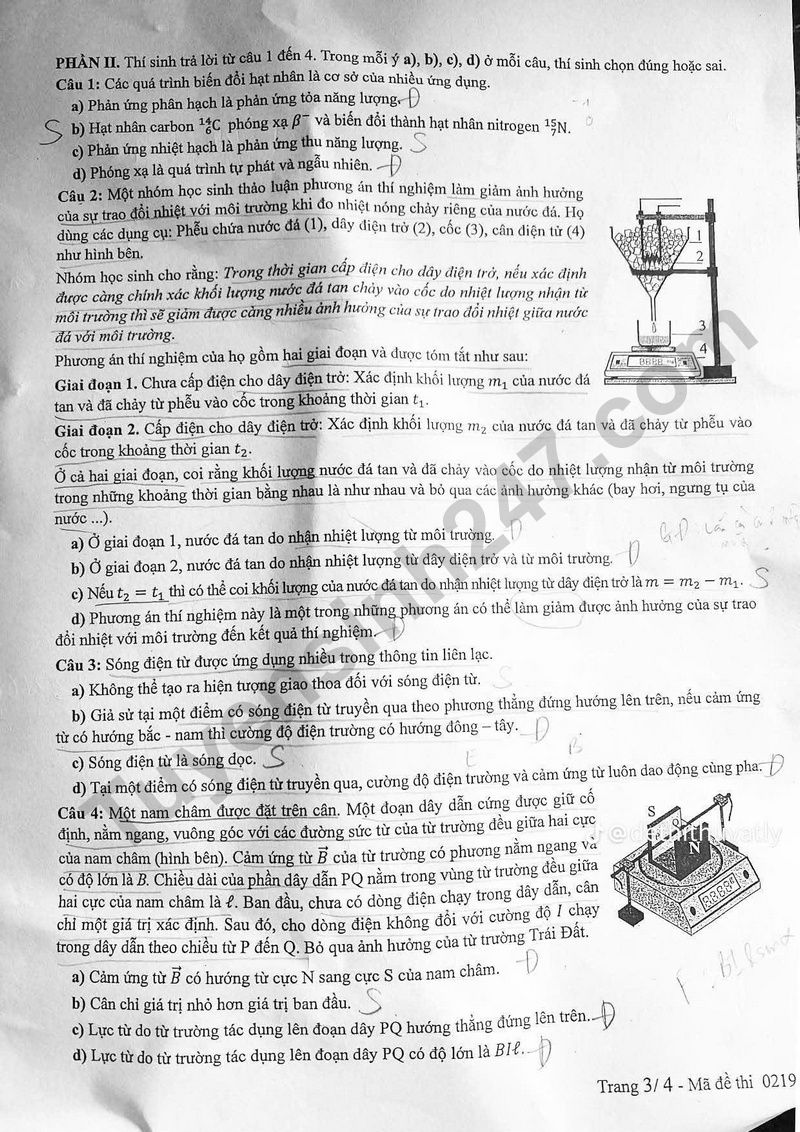 Dap an de thi mon Ly - Ma de 0219 tot nghiep THPT 2025