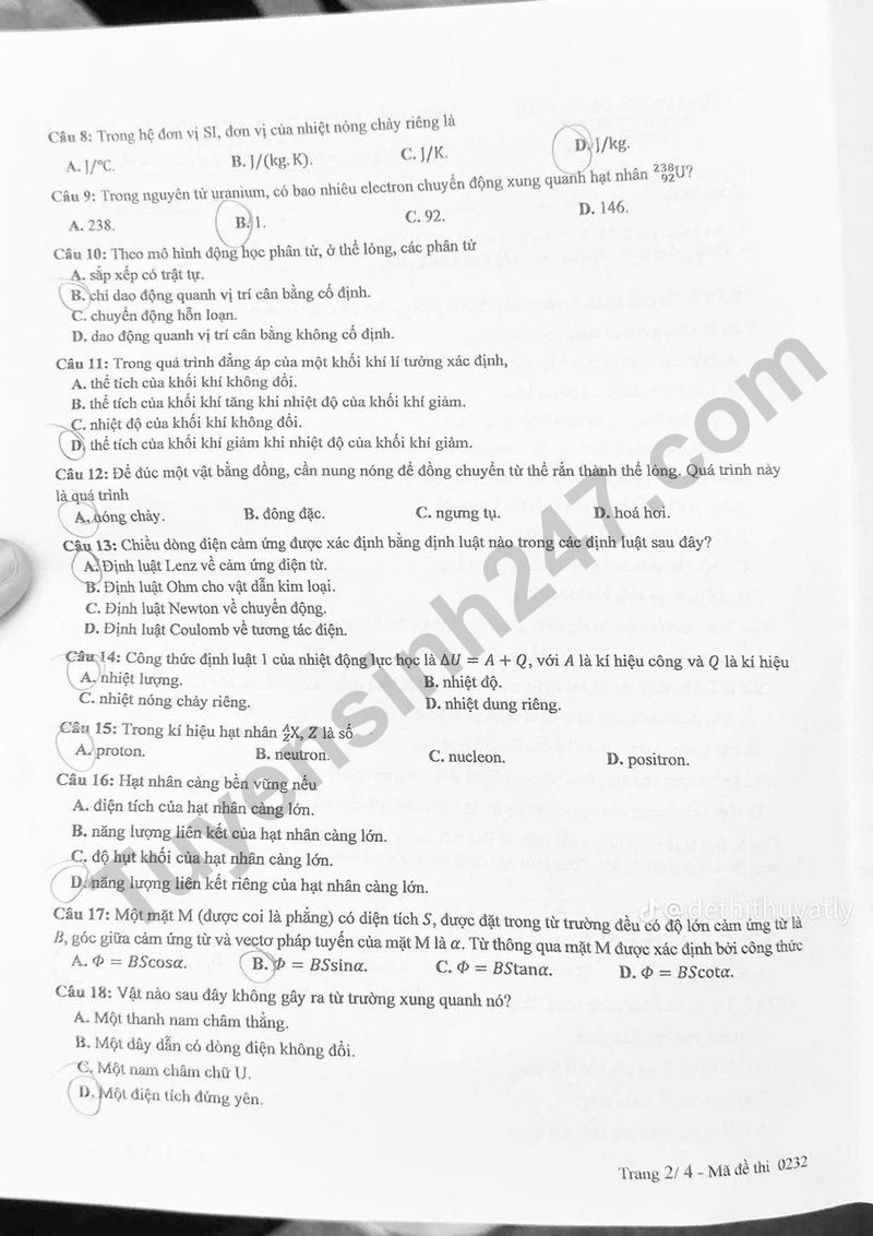 Dap an de thi tot nghiep THPT mon Ly nam 2025 - Ma de 0232