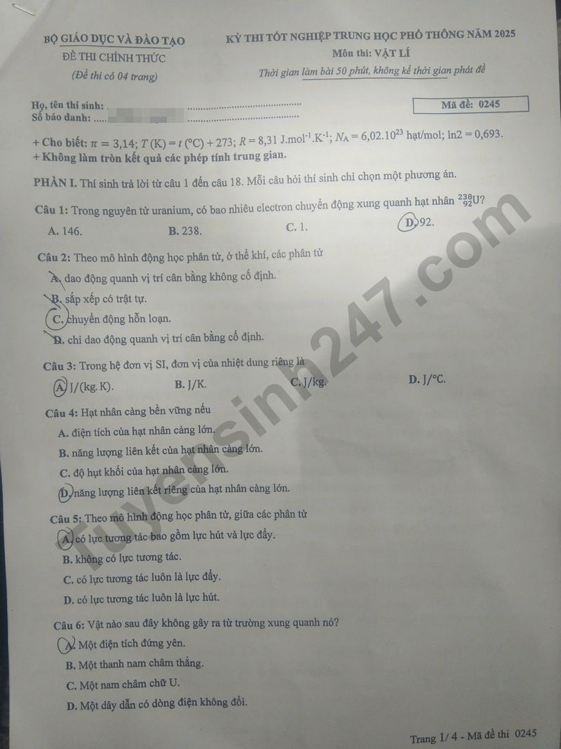 Dap an de thi tot nghiep THPT mon Ly 2025 - ma de 0245