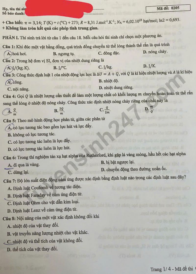 Dap an de thi tot nghiep THPT 2025 mon Ly - Ma de 0205