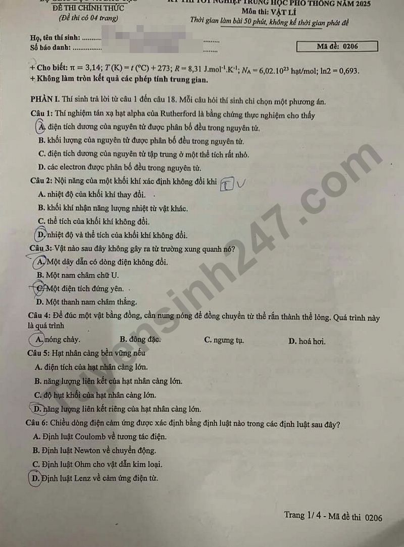 Dap an de thi mon Ly ma de 0206 - Tot nghiep THPT 2025