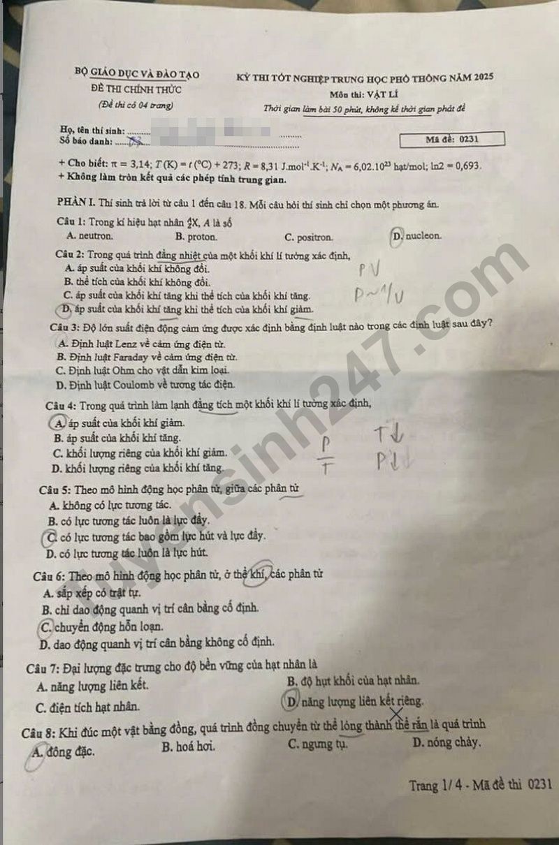 Dap an de thi tot nghiep THPT 2025 - ma de 0231 mon Ly
