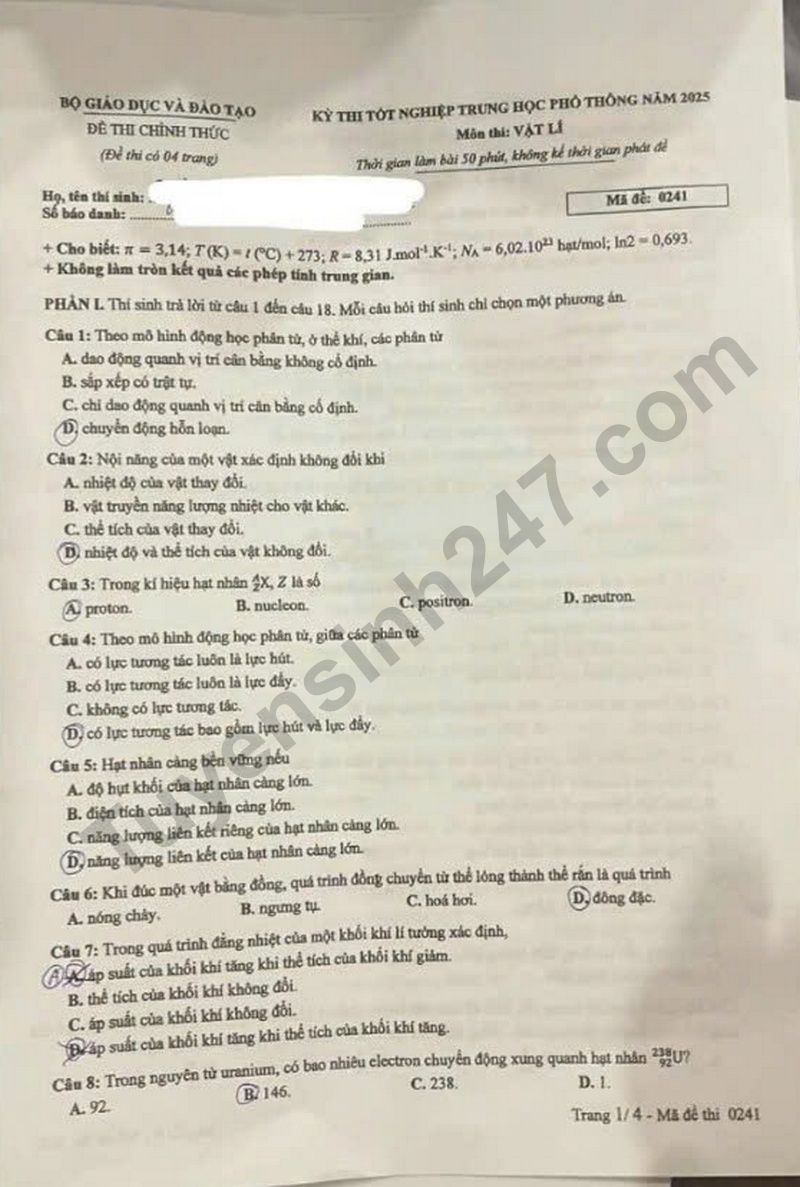 Dap an de thi tot nghiep THPT nam 2025 - ma de 0241 mon Ly