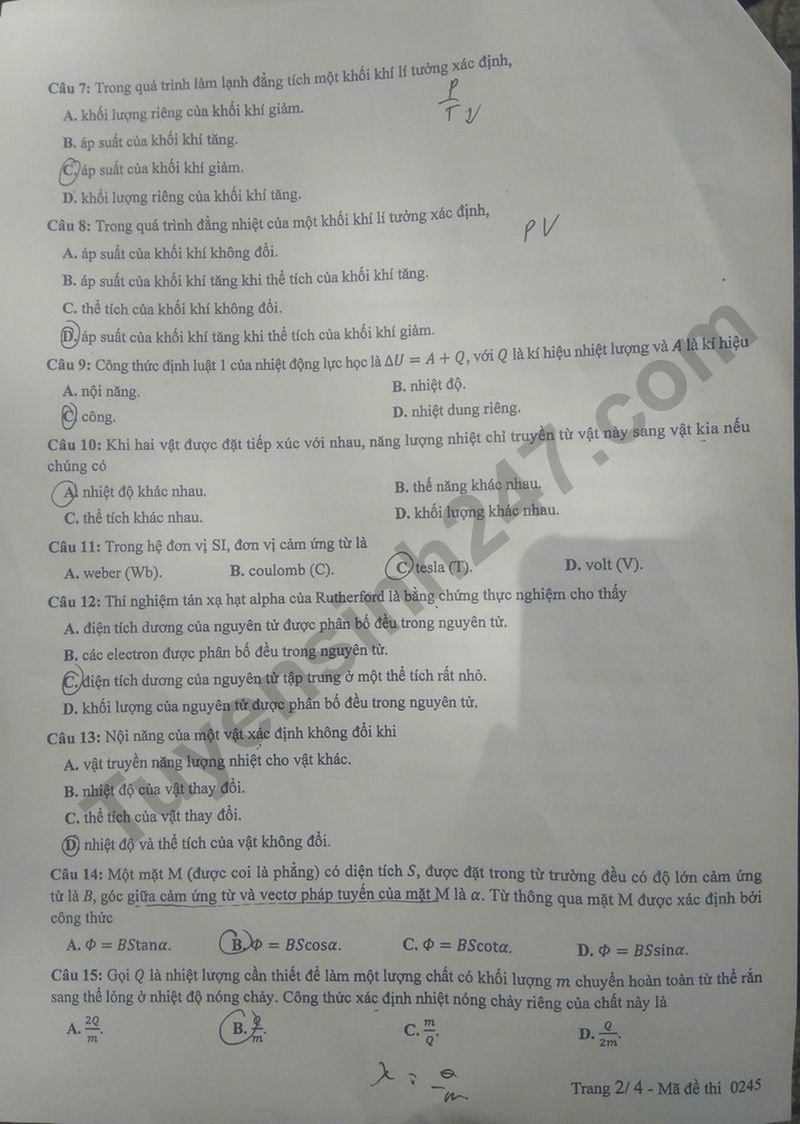 Dap an de thi tot nghiep THPT mon Ly 2025 - ma de 0245