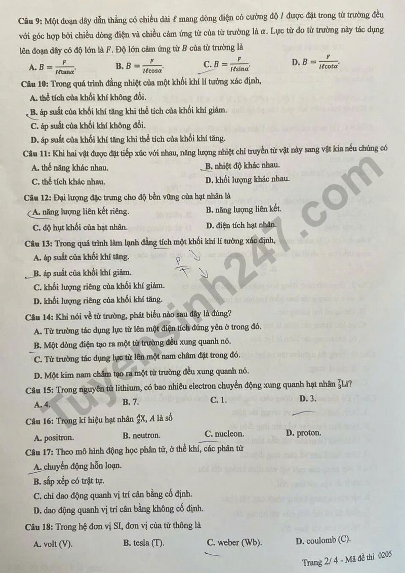 Dap an de thi tot nghiep THPT 2025 mon Ly - Ma de 0205