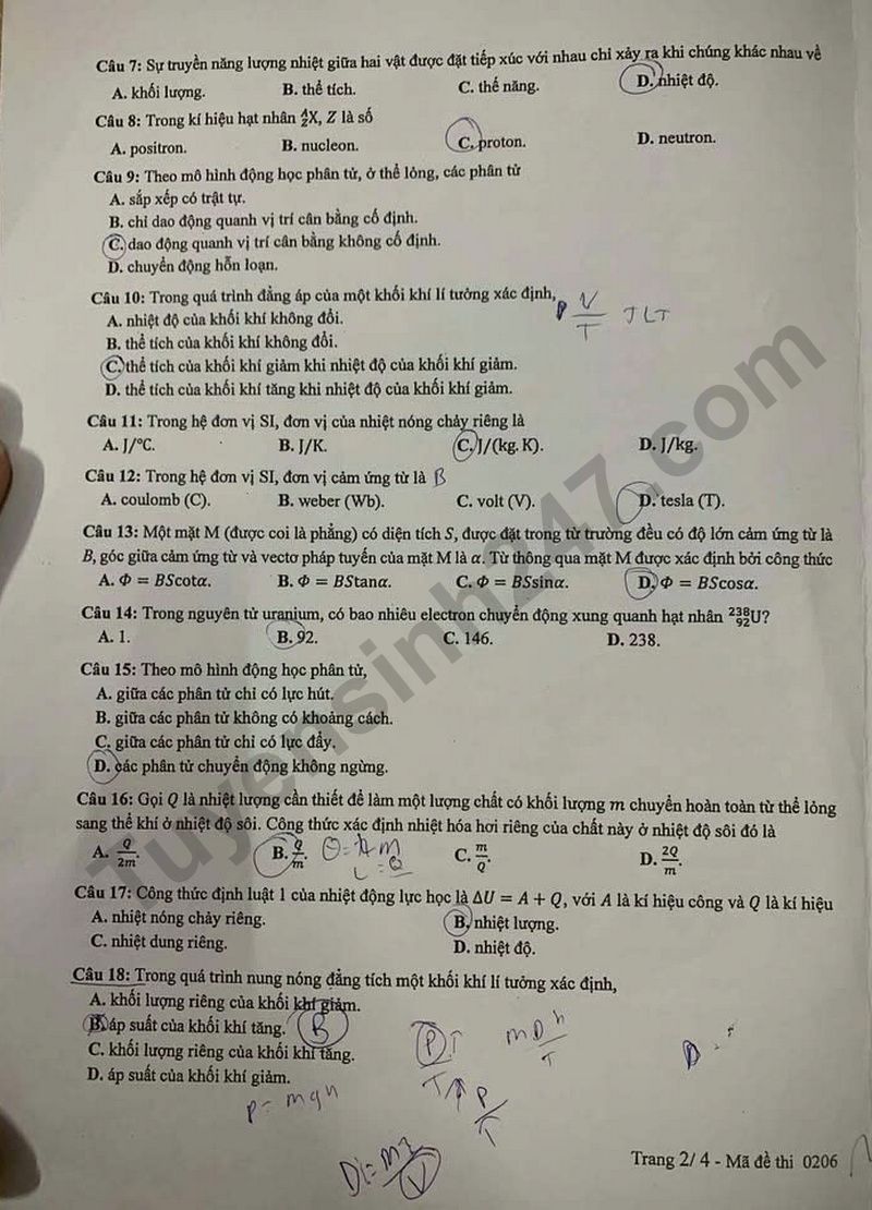 Dap an de thi mon Ly ma de 0206 - Tot nghiep THPT 2025